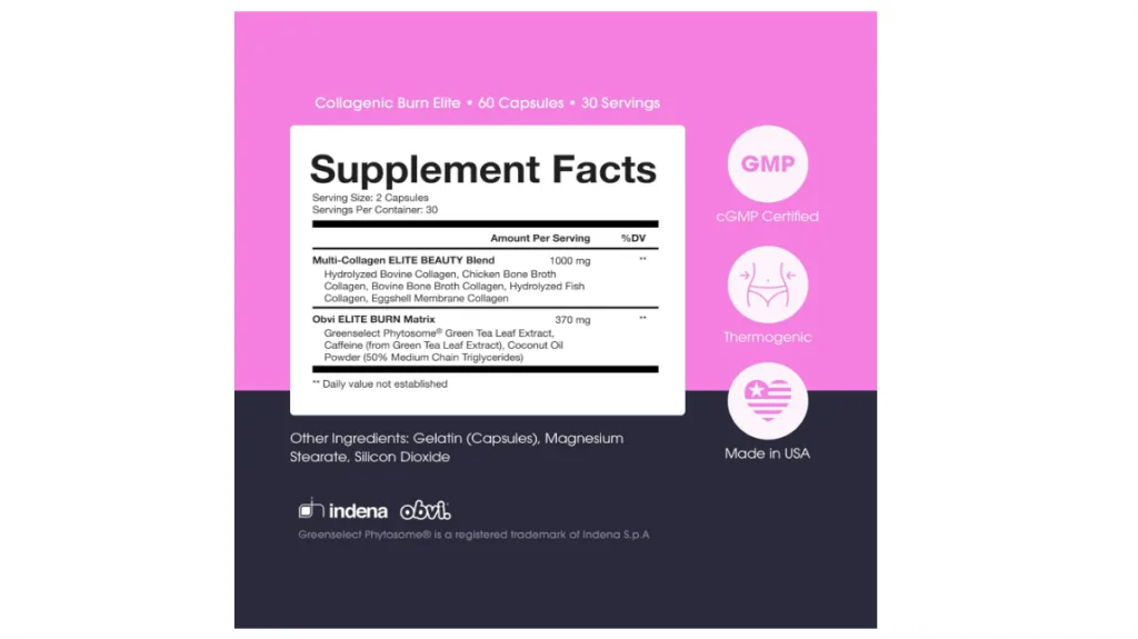 Obvi Burn Elite Capsules | Supports Metabolism Boost, Energy, and Focus | Supplement with Collagen and Green Tea | Supports Healthy Hair, Skin, Nails, and Joints | 60 Capsules, 30 Servings