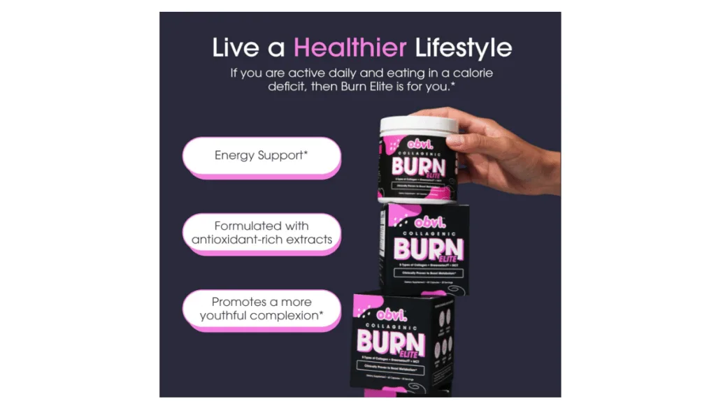 Obvi Burn Elite Capsules | Supports Metabolism Boost, Energy, and Focus | Supplement with Collagen and Green Tea | Supports Healthy Hair, Skin, Nails, and Joints | 60 Capsules, 30 Servings
